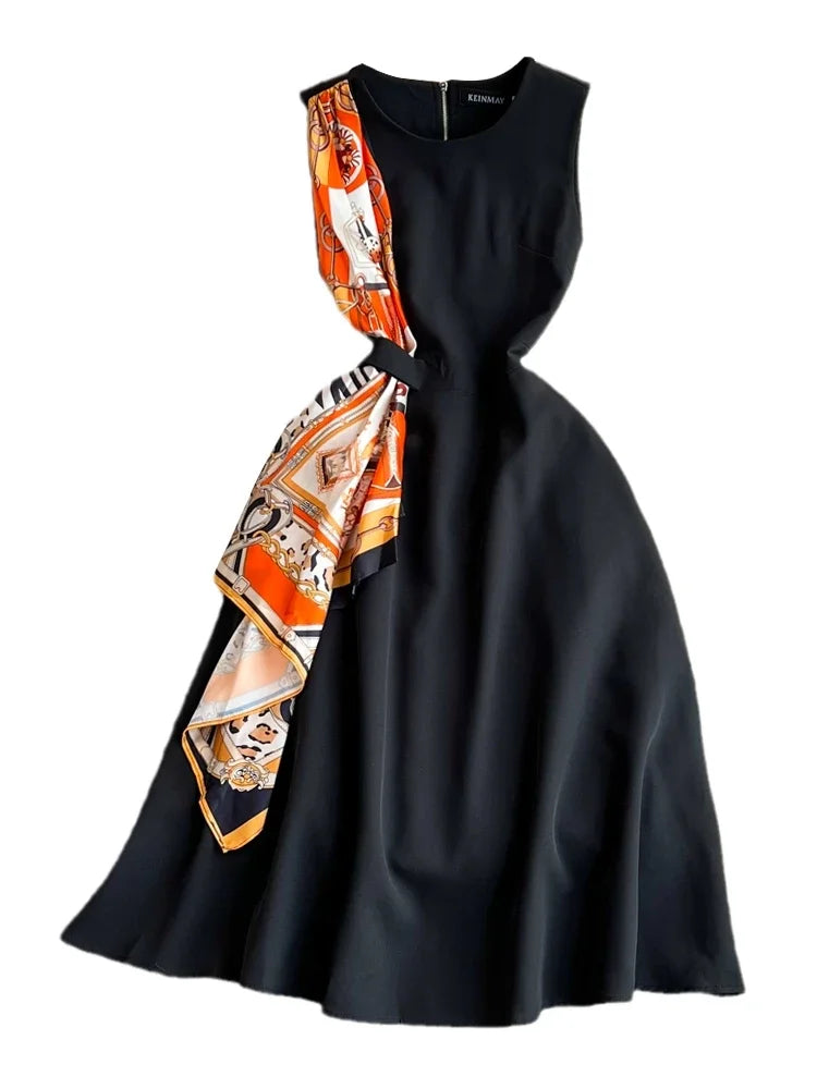 Retro Sleeveless Black Print Slim Long Dress