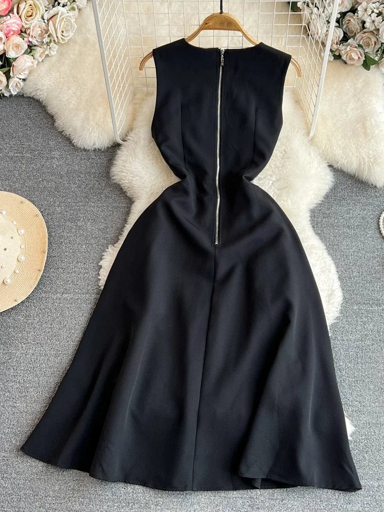 Retro Sleeveless Black Print Slim Long Dress