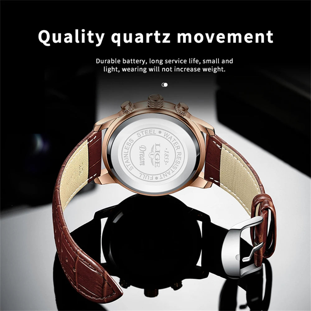 LIGE Men's Luxury Leather Quartz Watch