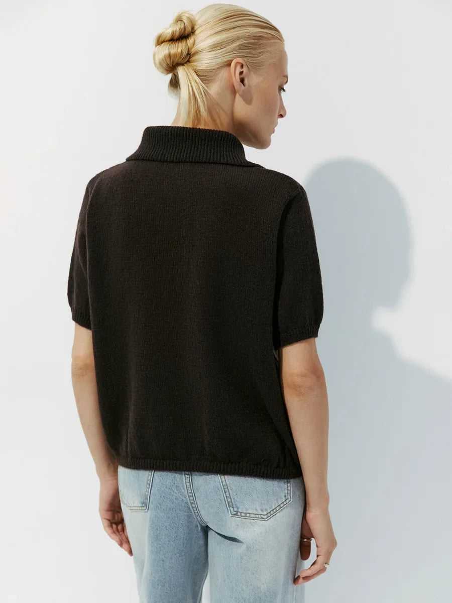 Women's Polo Collar Hollow Knit Bubble Sleeve Sweater