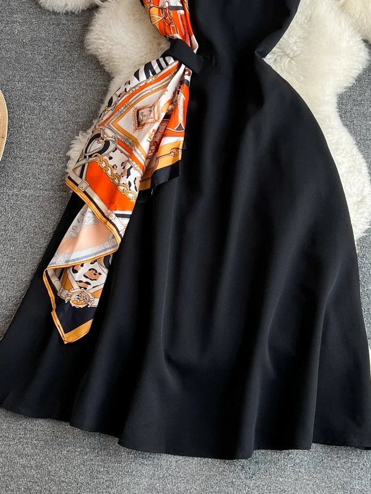 Retro Sleeveless Black Print Slim Long Dress
