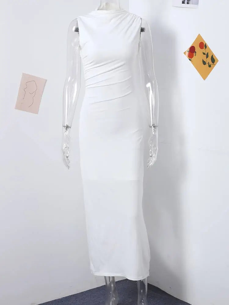 Elegant White Pleated Sleeveless Long Dress