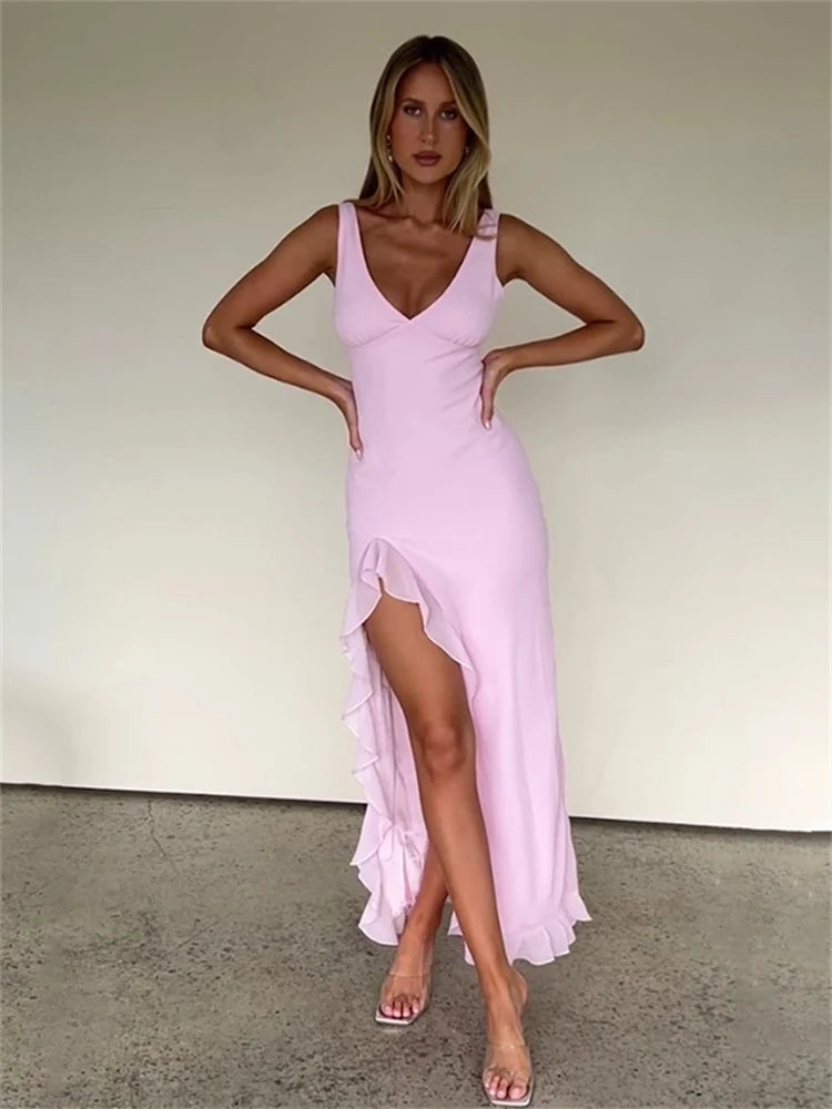 Ladies Summer Ruffle Backless Long Party Dress