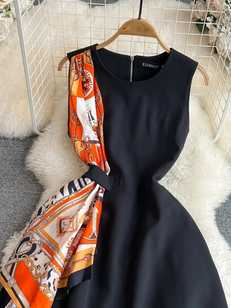Retro Sleeveless Black Print Slim Long Dress