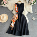 Retro Sleeveless Black Print Slim Long Dress