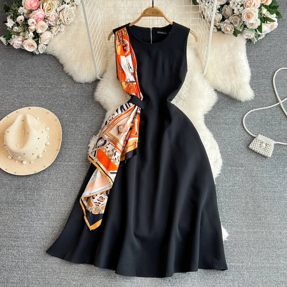 Retro Sleeveless Black Print Slim Long Dress