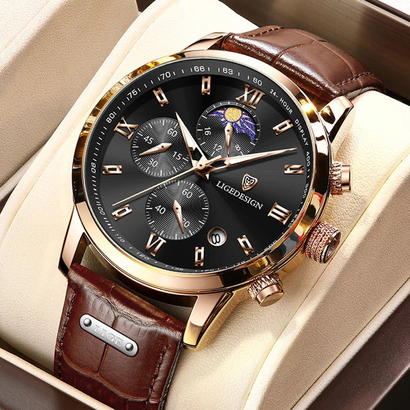 LIGE Men's Luxury Leather Quartz Watch