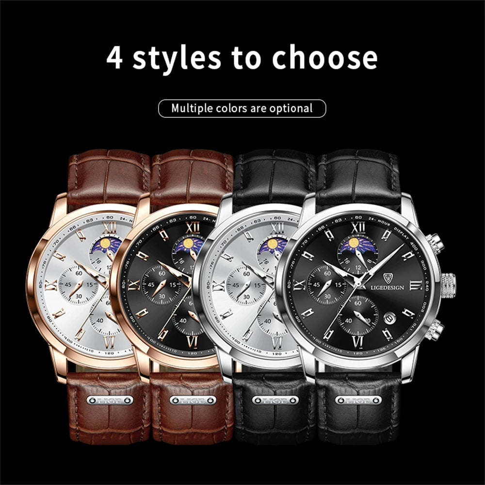 LIGE Men's Luxury Leather Quartz Watch