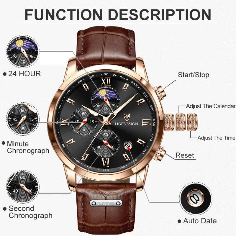 LIGE Men's Luxury Leather Quartz Watch