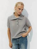 Women's Polo Collar Hollow Knit Bubble Sleeve Sweater