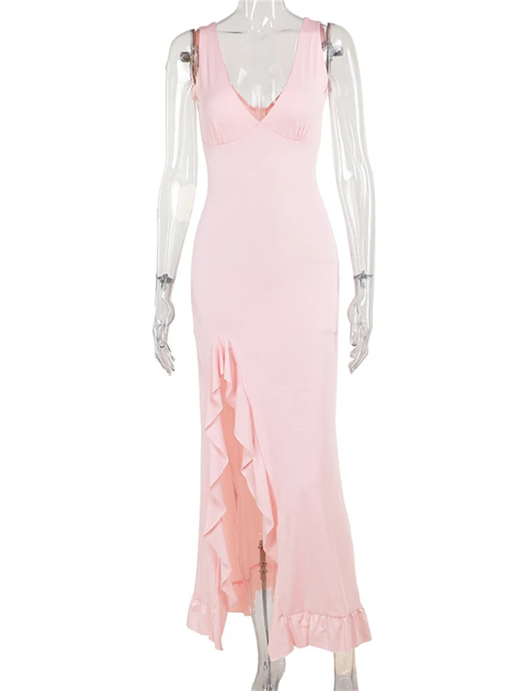 Ladies Summer Ruffle Backless Long Party Dress