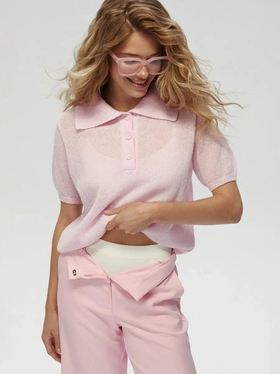 Women's Polo Collar Hollow Knit Bubble Sleeve Sweater