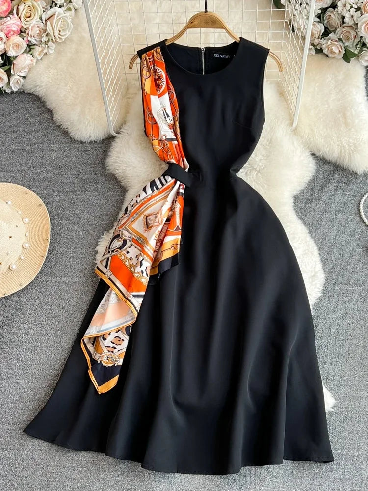 Retro Sleeveless Black Print Slim Long Dress