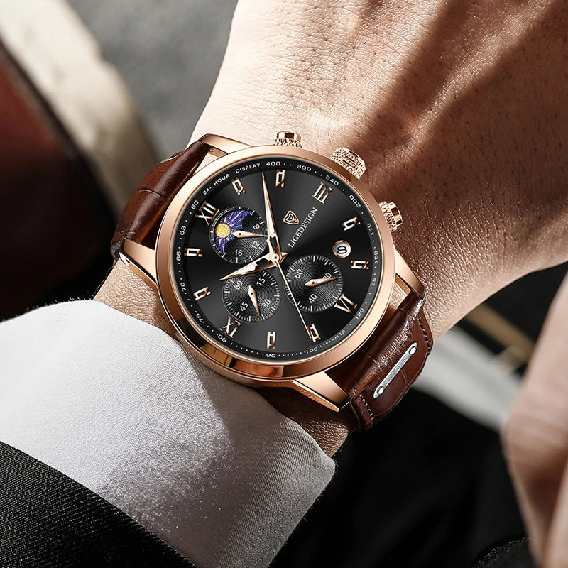 LIGE Men's Luxury Leather Quartz Watch