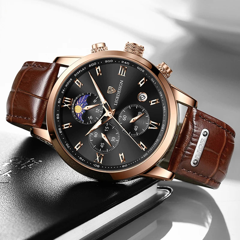 LIGE Men's Luxury Leather Quartz Watch